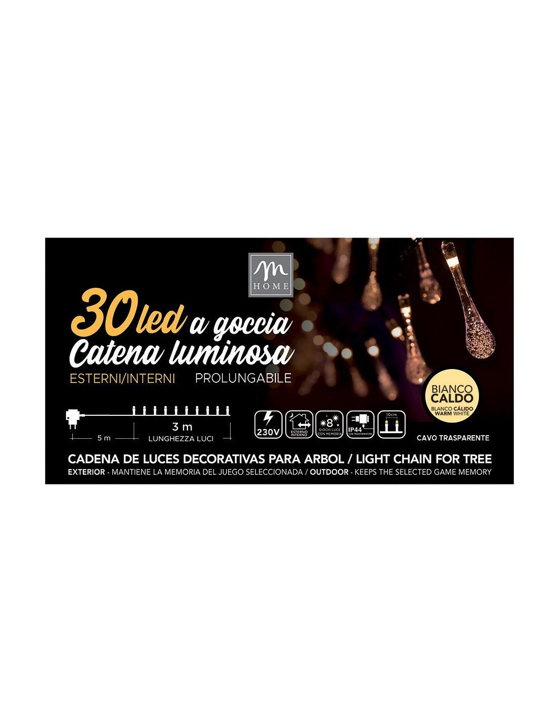 Catena di Luci - 30 LED Goccia Bianco Caldo con Cavo Trasparente - La Magia di Natale a Casa Tua