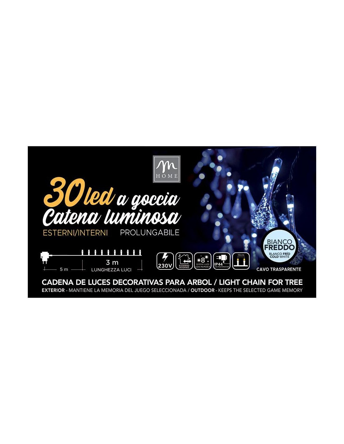 Catena di Luci - 30 LED Goccia Bianco Freddo con Cavo Trasparente - La Magia di Natale a Casa Tua