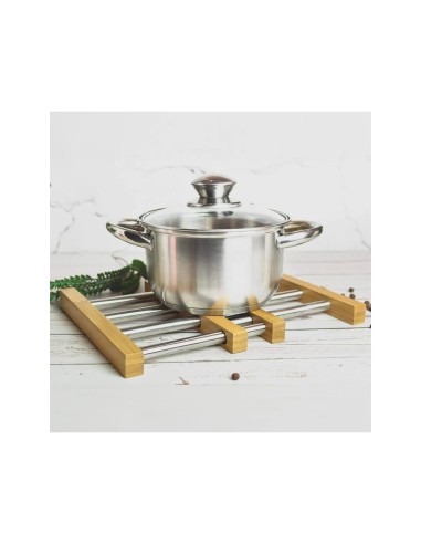 Sottopentola Estensibile in Acciaio e Bambù, Resistente e Antigraffio, Dimensioni Regolabili da 16 a 25 cm