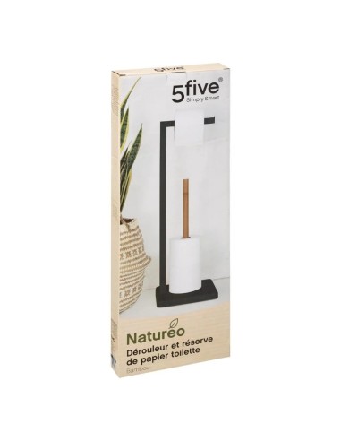 Portarotolo Metallo e Bambù H65 cm Nero, Moderno ed Elegante, Accessorio Bagno Funzionale