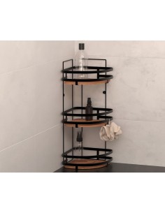 Mensola per doccia angolare a 3 ripiani in acciaio e legno di acacia, 23,5x19,5x55 cm