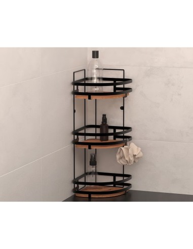 Mensola per doccia angolare a 3 ripiani in acciaio e legno di acacia, 23,5x19,5x55 cm