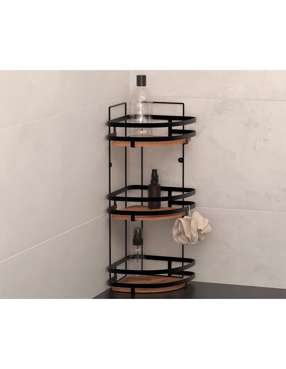 Mensola per doccia angolare a 3 ripiani in acciaio e legno di acacia, 23,5x19,5x55 cm