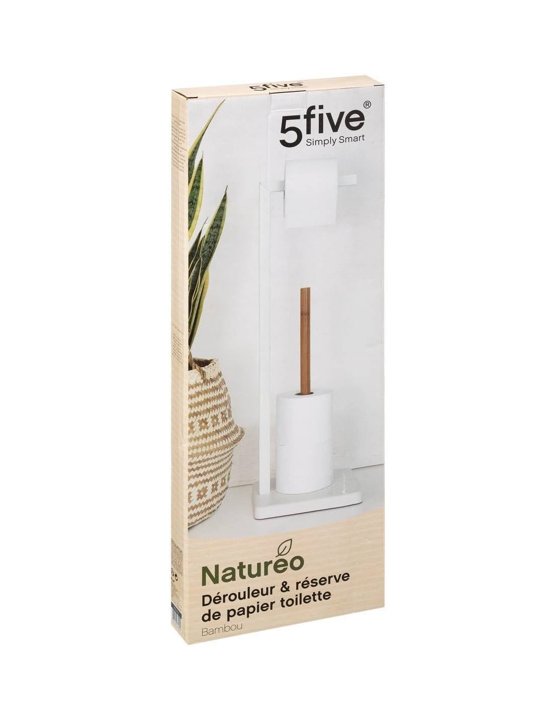 Portarotolo Metallo e Bambù H65 cm Bianco, Elegante e Pratico, Organizer Bagno Moderno