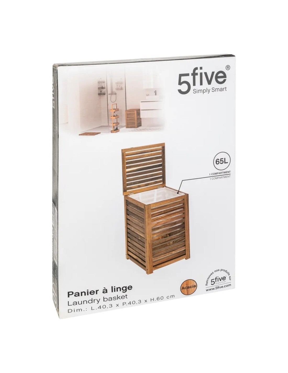 Cesto portabiancheria "Blackacia" 65L in legno di acacia, dimensioni L. 60 x l. 40,3 x H. 40,3 cm