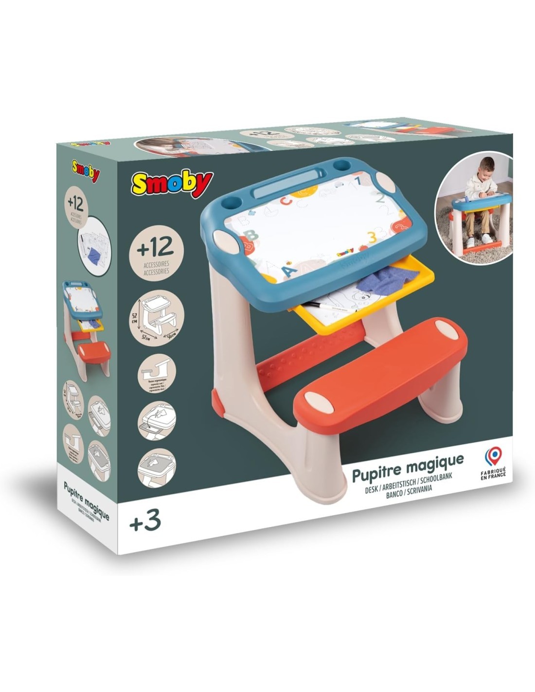 SMOBY, MAGIC DESK SCRIVANIA PER BAMBINI, PENNARELLO CANCELLABILE, 3 SPAZI PORTAOGGETTI, CASSETTO SCORREVOLE, 12 ACCESSORI, 2+