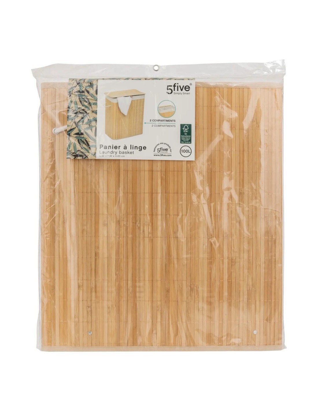 Cesto portabiancheria doppio in bambù 100 litri, dimensioni L. 63 x l. 54 x H. 34 cm, peso 2,3 kg, lavanderia