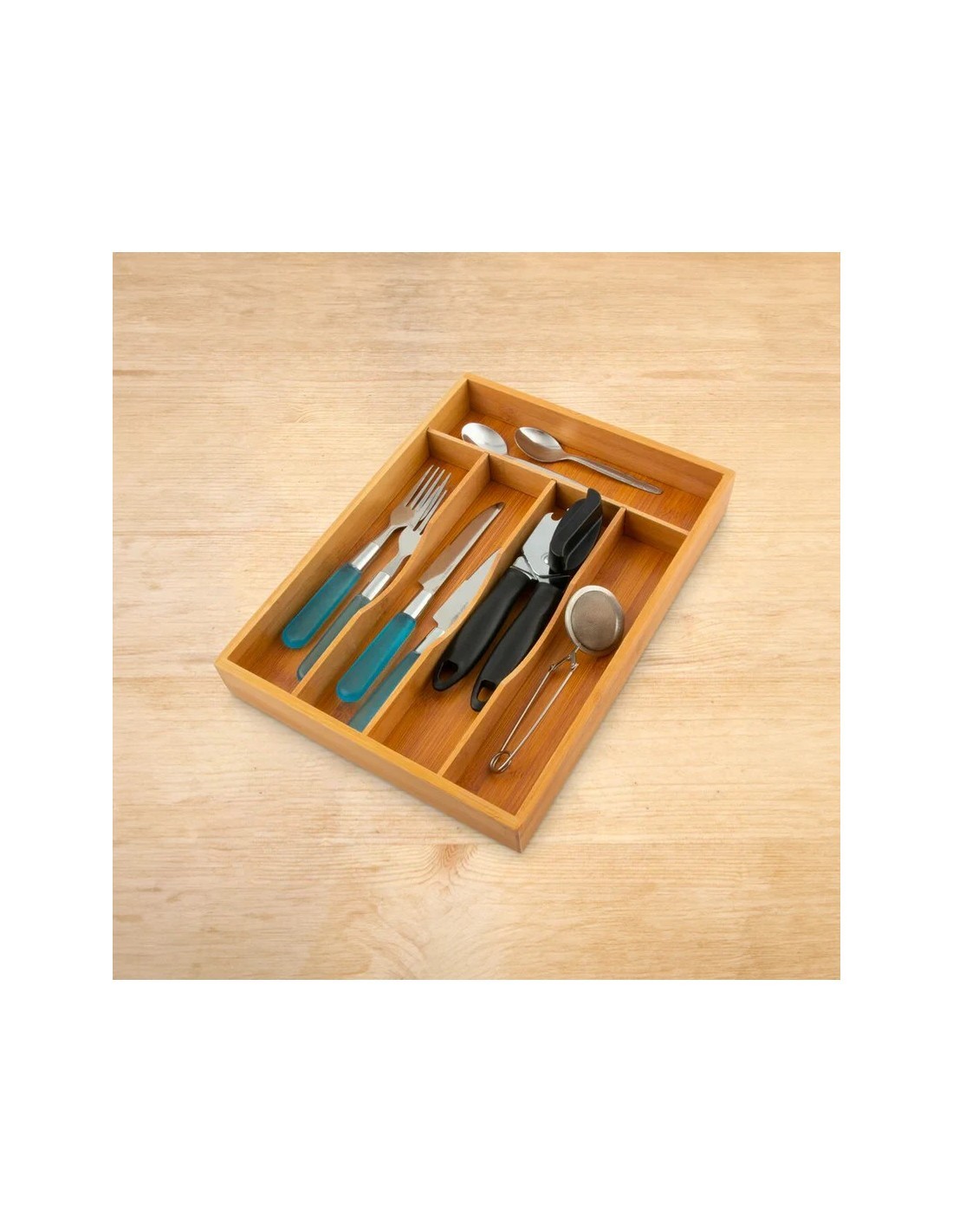Vassoio Portaposate 5 Scomparti in Bambù 34x25x4,2 cm, Organizzatore Posate Cucina, Vassoio Bambù Sostenibile