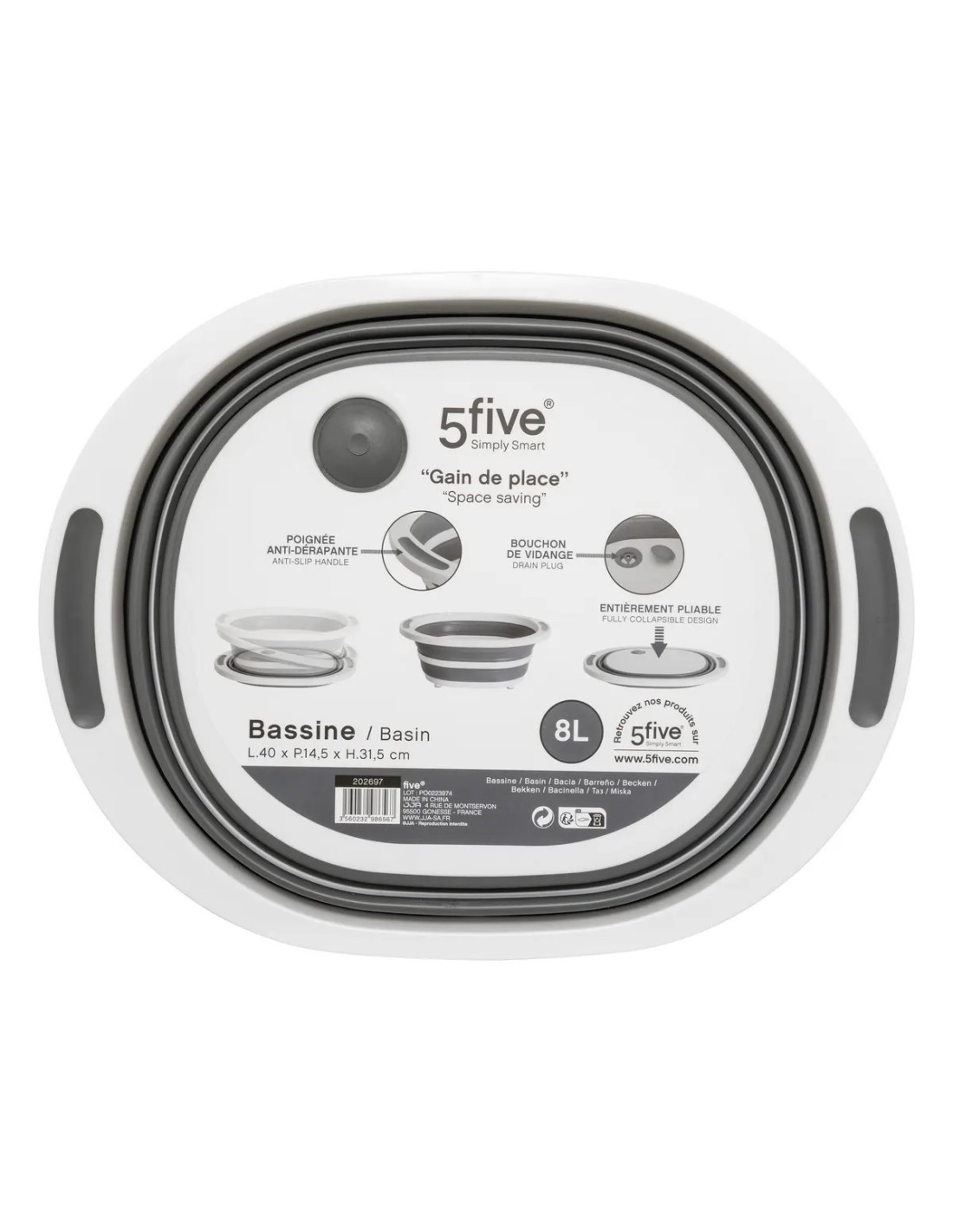 Bacinella a scomparsa da 8 litri con tappo di scarico, grigio e bianco, dimensioni L. 40 x l. 31,5 x h. 14,5 cm