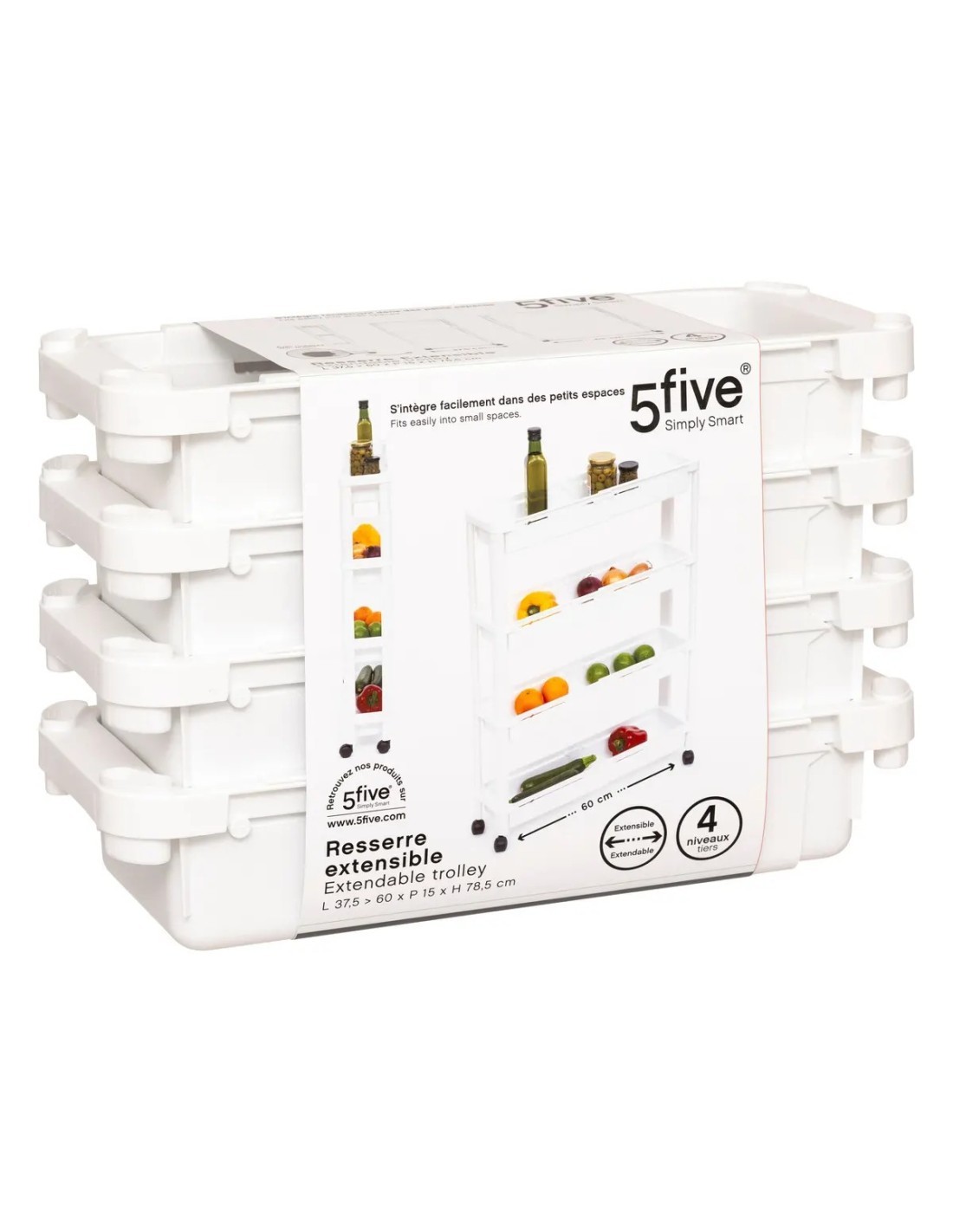 Carrello 4 Ripiani Bianco, Dimensioni 37,5x15x79 cm, con Ruote e Spazio Ottimizzato