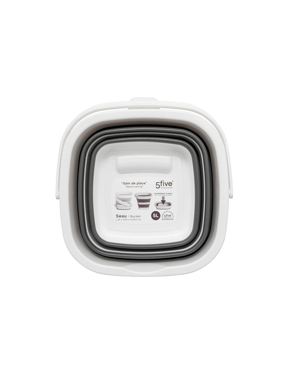 5five - Secchio retrattile 5L grigio/bianco, 25 x 20 x 26,2 cm, compatto e salvaspazio