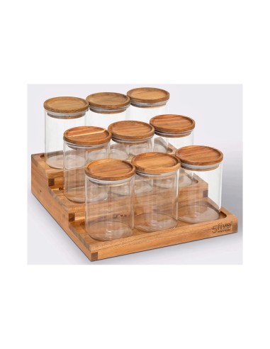 Espositore per spezie con 9 barattoli in acacia, dimensioni L.23 x P.24 x H.15 cm