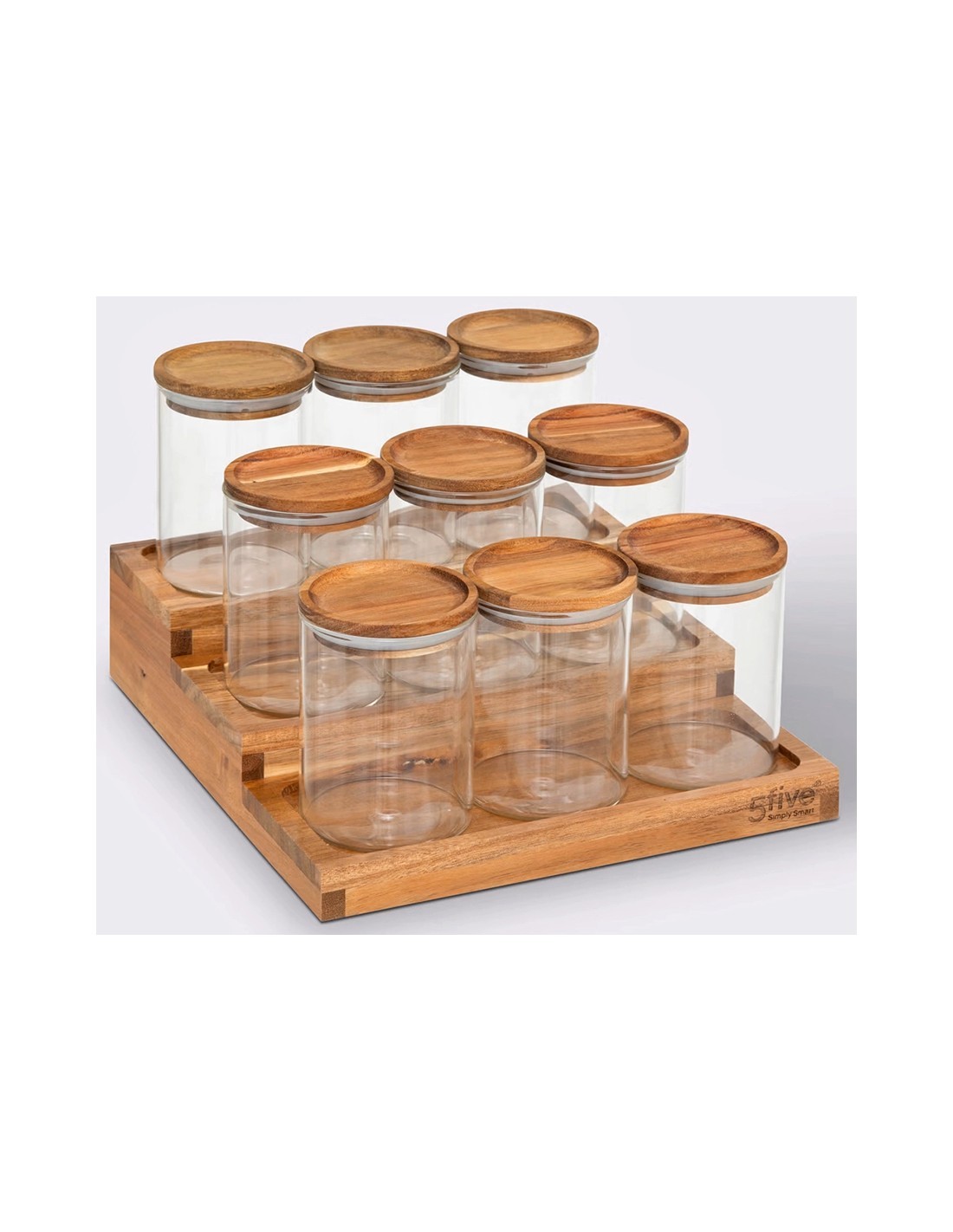 Espositore per spezie con 9 barattoli in acacia, dimensioni L.23 x P.24 x H.15 cm