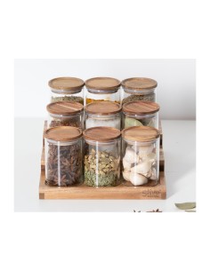 Espositore per spezie con 9 barattoli in acacia, dimensioni L.23 x P.24 x H.15 cm