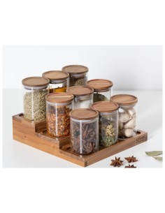 Espositore per spezie con 9 barattoli in acacia, dimensioni L.23 x P.24 x H.15 cm
