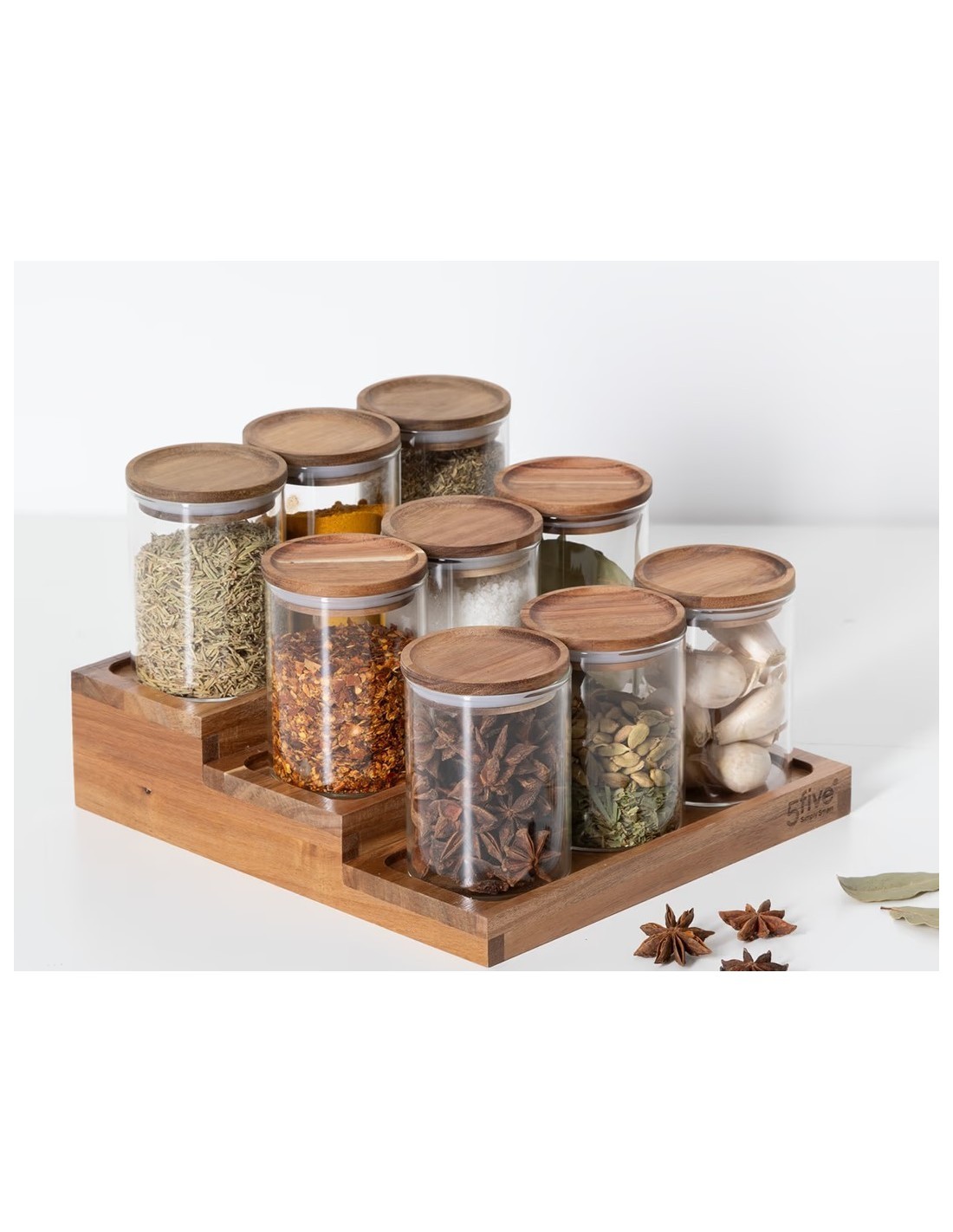 Espositore per spezie con 9 barattoli in acacia, dimensioni L.23 x P.24 x H.15 cm