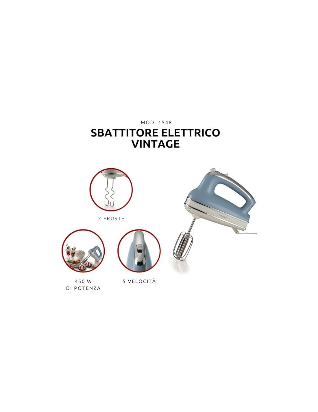 Ariete 1548 Sbattitore Vintage, 450W, 5 Velocità + Turbo, 2 Fruste Inox, Celeste