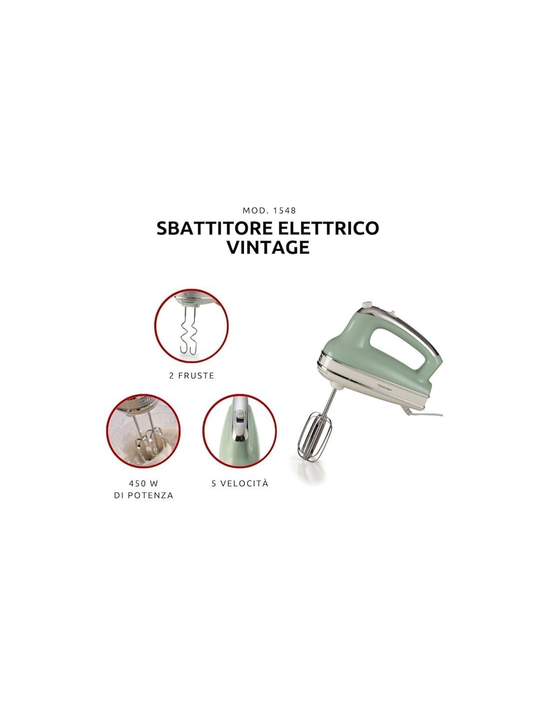 Ariete 1548 Sbattitore Vintage, 450W, 5 Velocità + Turbo, 2 Fruste Inox, Verde
