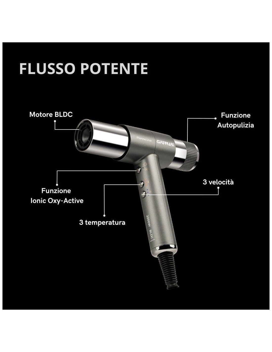 G3 Ferrari G30061 Monna Lisa, Asciugacapelli Brushless 2000W, Motore BLDC 110.000 RPM, Ionic Oxy-Active