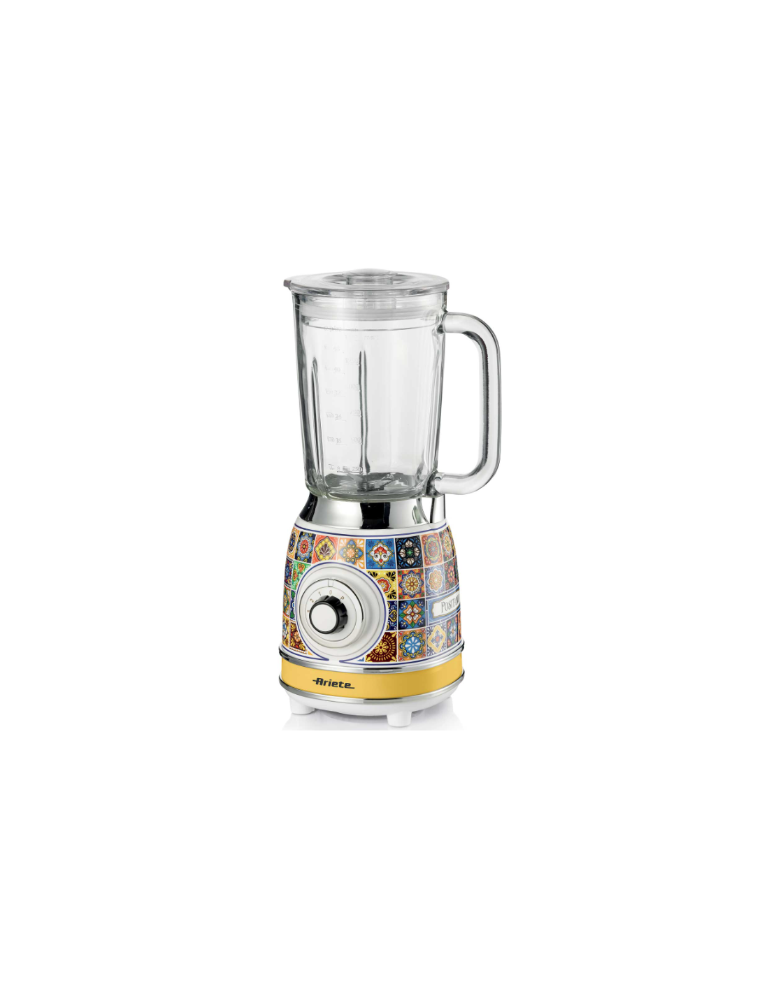 Frullatore Positano, tazza vetro 1,5L, 4 velocità, Pulse, tritaghiaccio, lame inox, design mediterraneo, elegante e potente