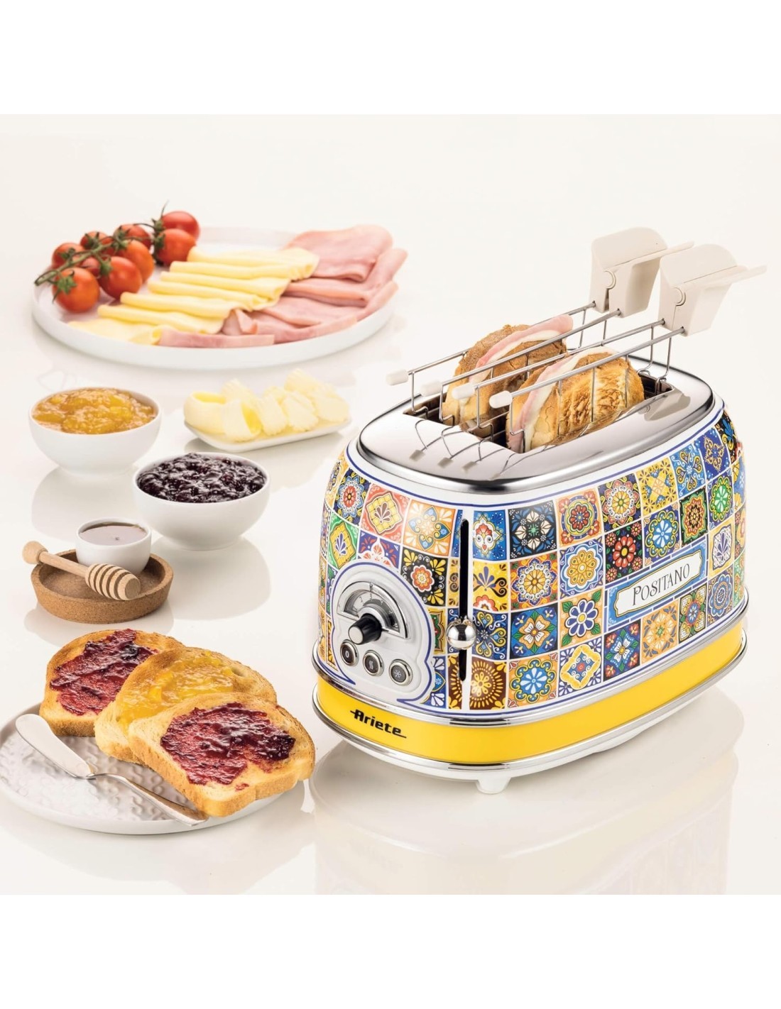 Ariete, Tostapane Positano, 810W, 2 fette, defrost, espulsione automatica, raccogli briciole, stile mediterraneo