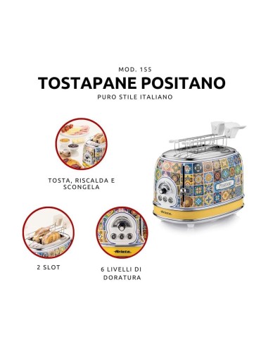 Ariete, Tostapane Positano, 810W, 2 fette, defrost, espulsione automatica, raccogli briciole, stile mediterraneo