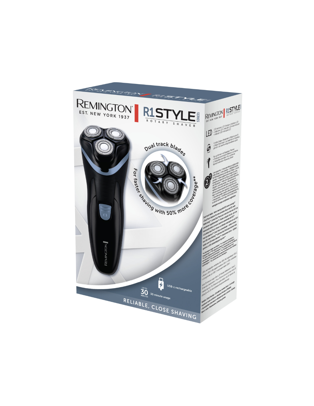 Remington R1000 Rasoio Elettrico Ricaricabile 3 Testine Rotanti Nero/Blu con Trimmer