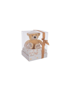Plaid Bow Star Beige-Bianco con Orso Bizzotto, coperta in pile morbido 90x75 cm, peluche incluso, idea regalo, per bambini