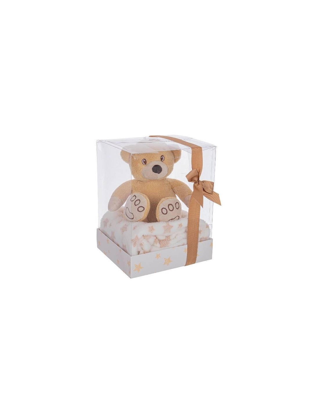 Plaid Bow Star Beige-Bianco con Orso Bizzotto, coperta in pile morbido 90x75 cm, peluche incluso, idea regalo, per bambini