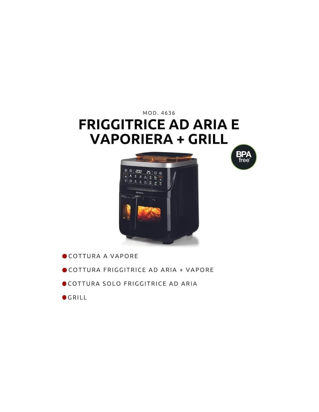 Ariete 4636 Friggitrice ad Aria, Funzione Vapore, Grill, 1700W, 10 Funzioni, Cestello Trasparente, Timer, Nero