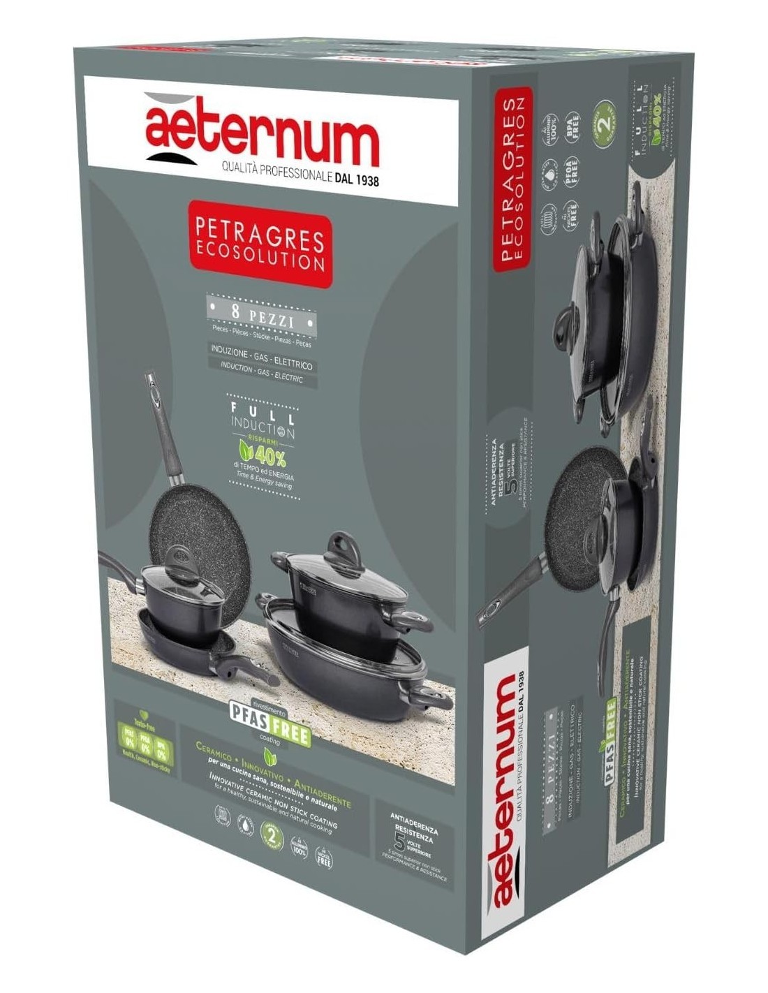 Aeternum Petragres Ecosolution Batteria 8 Pezzi Full Induction PFAS Free Grigio Scuro