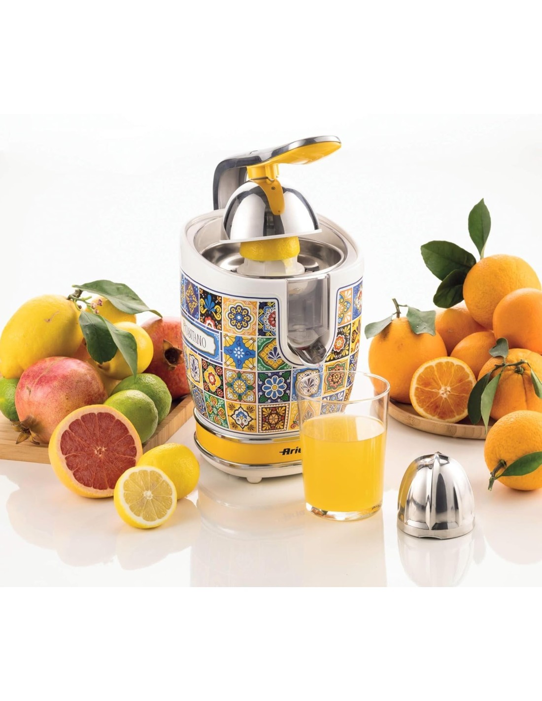 Ariete 413 Spremiagrumi Elettrico con Leva, Stile Positano, 2 Coni in acciaio inox, beccuccio salvagoccia
