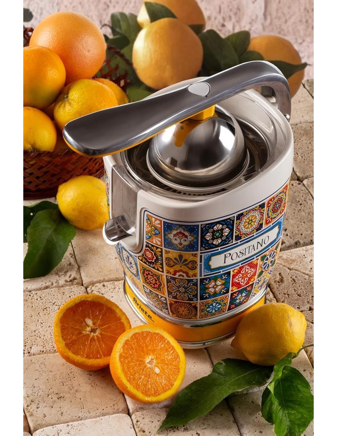 Ariete 413 Spremiagrumi Elettrico con Leva, Stile Positano, 2 Coni in acciaio inox, beccuccio salvagoccia