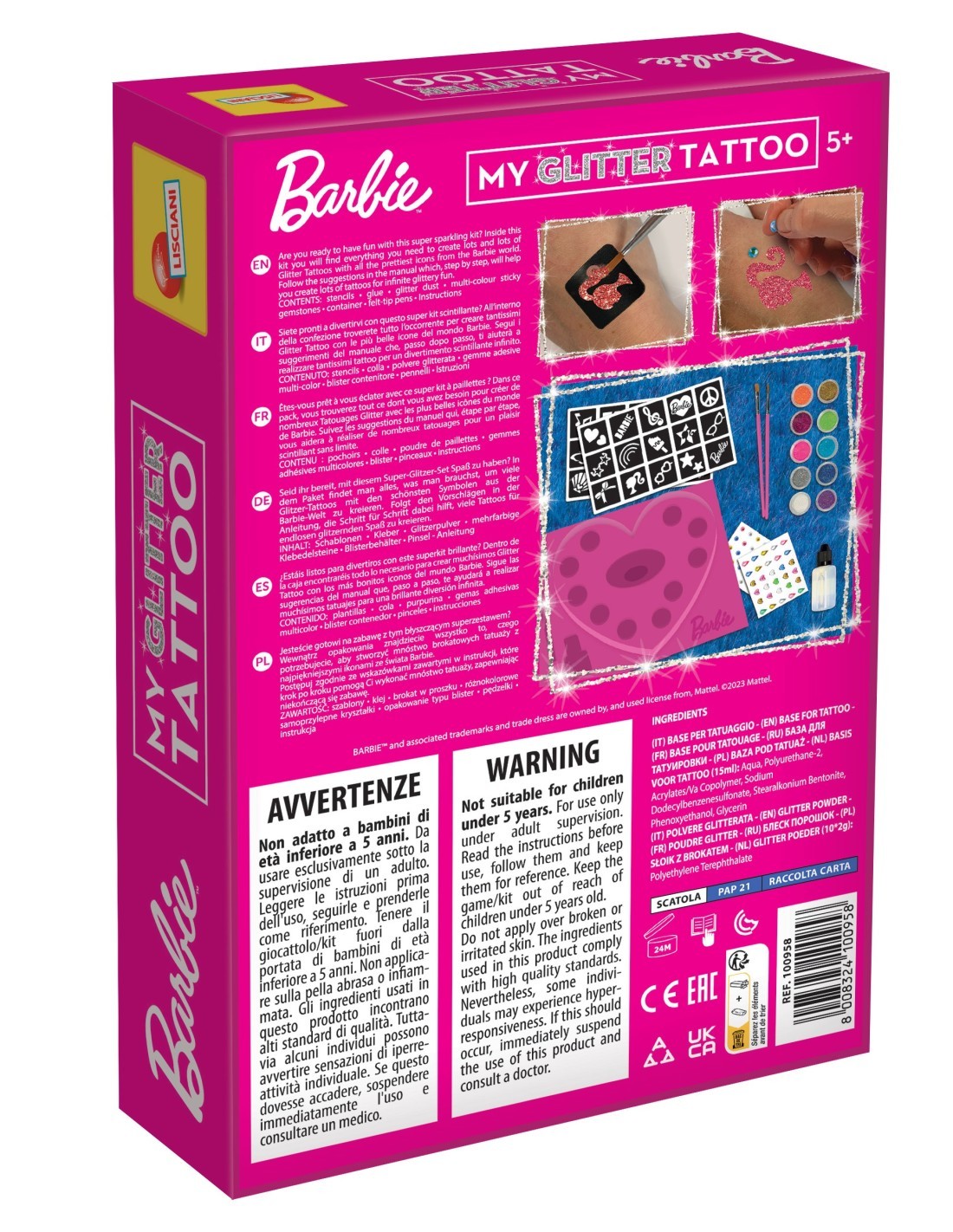 BARBIE, MY GLITTER TATTOO, KIT CREATIVO, TATUAGGI GLITTER, BAMBINI, GIOCHI CREATIVI