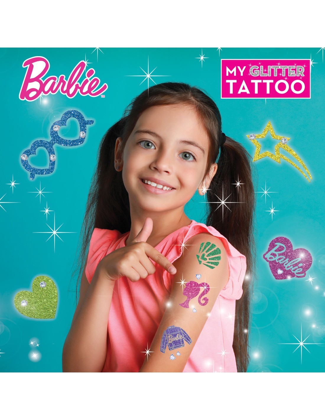 BARBIE, MY GLITTER TATTOO, KIT CREATIVO, TATUAGGI GLITTER, BAMBINI, GIOCHI CREATIVI