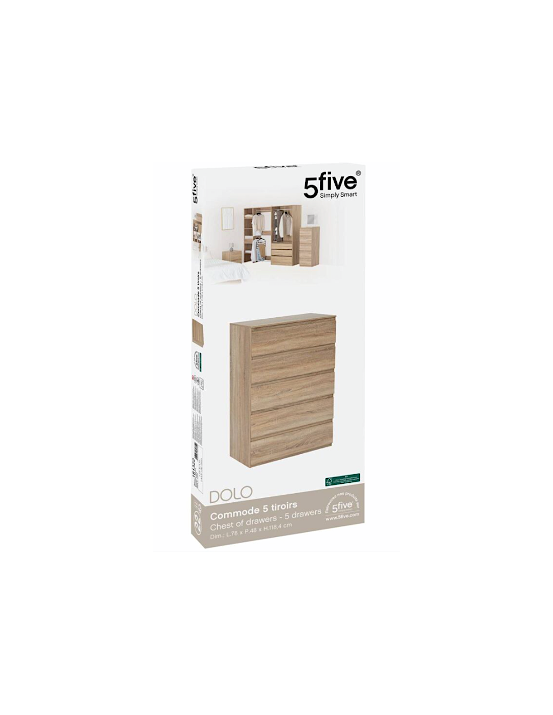 5five Cassettiera Dolo a 5 Cassetti – Effetto Legno Naturale