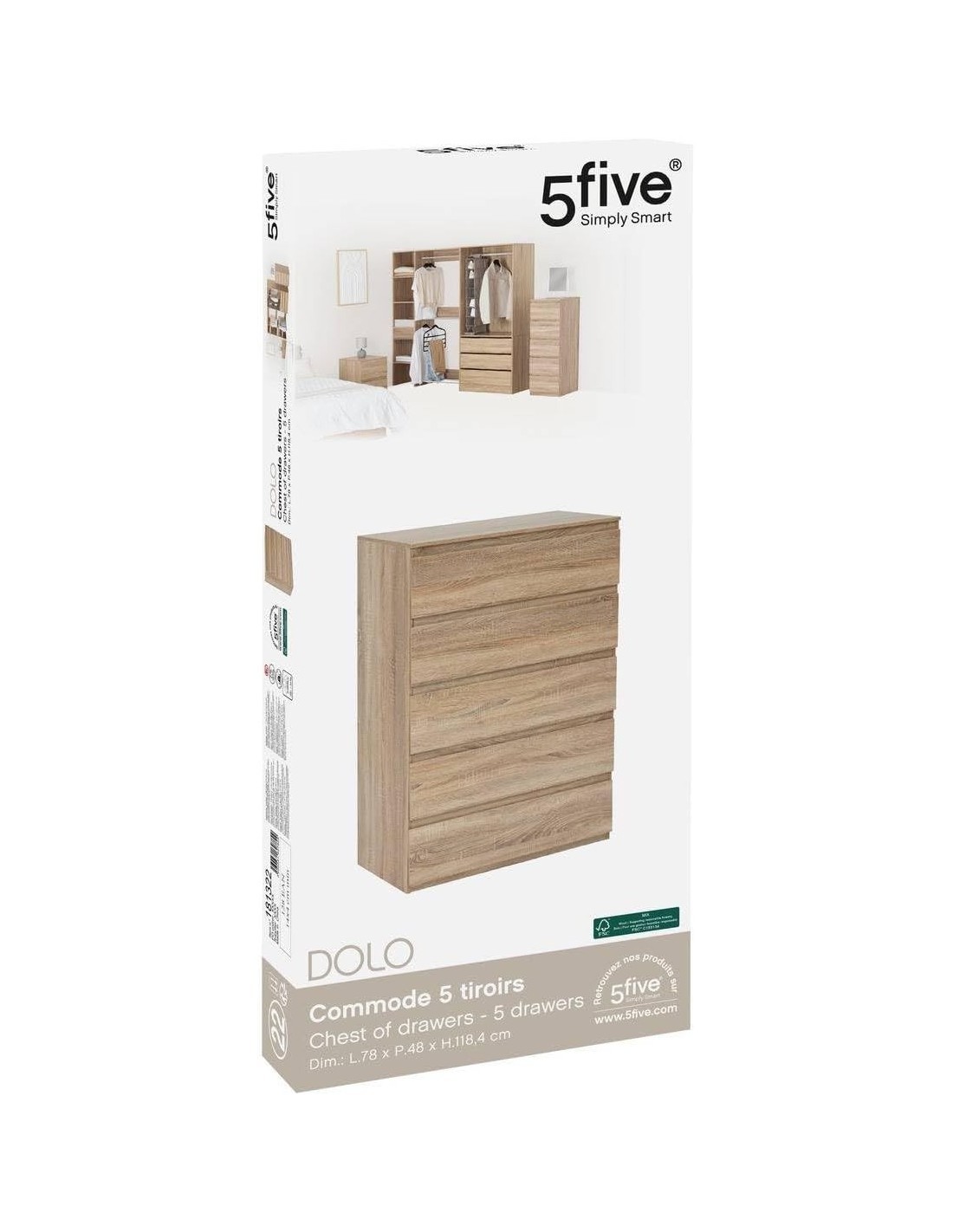 5five Cassettiera Dolo a 5 Cassetti – Effetto Legno Naturale