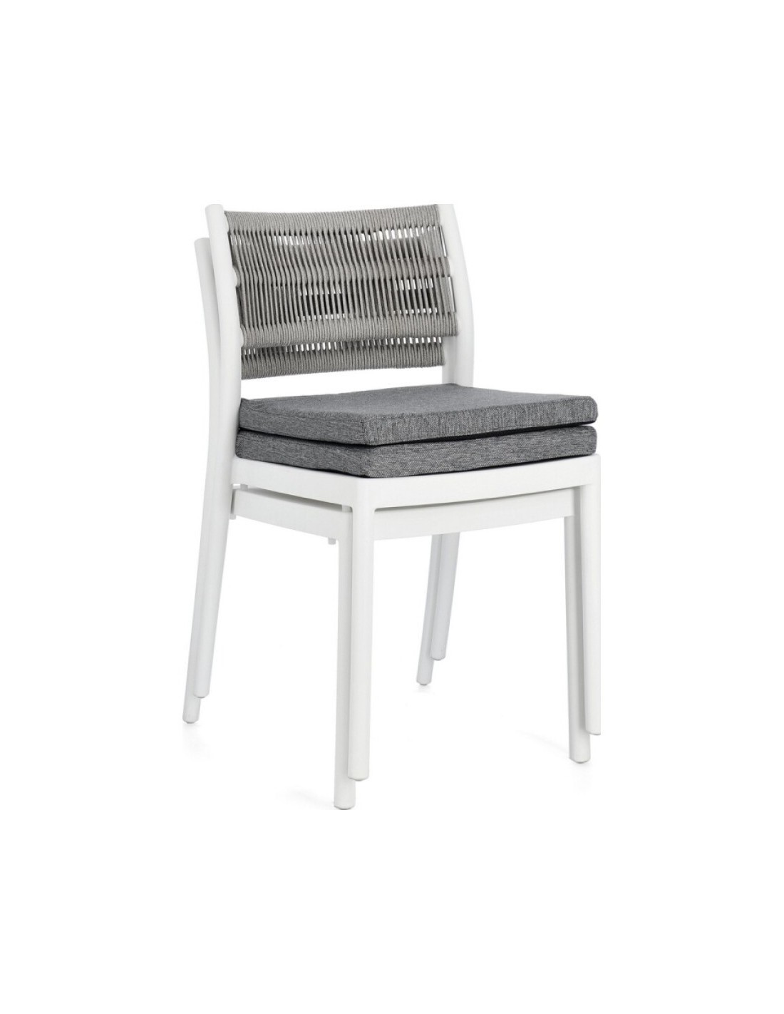 Sedia Alvin in Polipropilene con Cuscino, Schienale Intrecciato in Corda - Bianco/Grigio Chiaro, Resistente ai Raggi UV