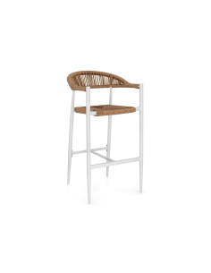 Sgabello Bar Jandia Bianco/Beige, Impilabile con Fibra Sintetica Twisted, Struttura in Alluminio e Poggiapiedi Regolabile