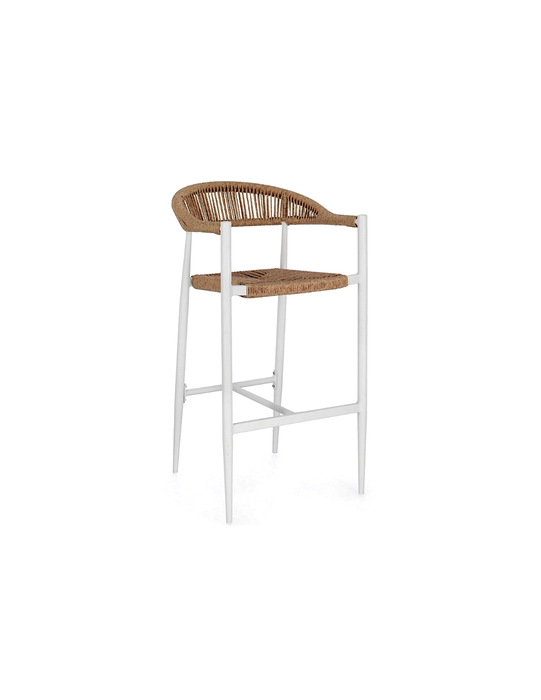 Sgabello Bar Jandia Bianco/Beige, Impilabile con Fibra Sintetica Twisted, Struttura in Alluminio e Poggiapiedi Regolabile