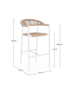Sgabello Bar Jandia Bianco/Beige, Impilabile con Fibra Sintetica Twisted, Struttura in Alluminio e Poggiapiedi Regolabile
