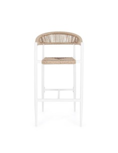 Sgabello Bar Jandia Bianco/Beige, Impilabile con Fibra Sintetica Twisted, Struttura in Alluminio e Poggiapiedi Regolabile