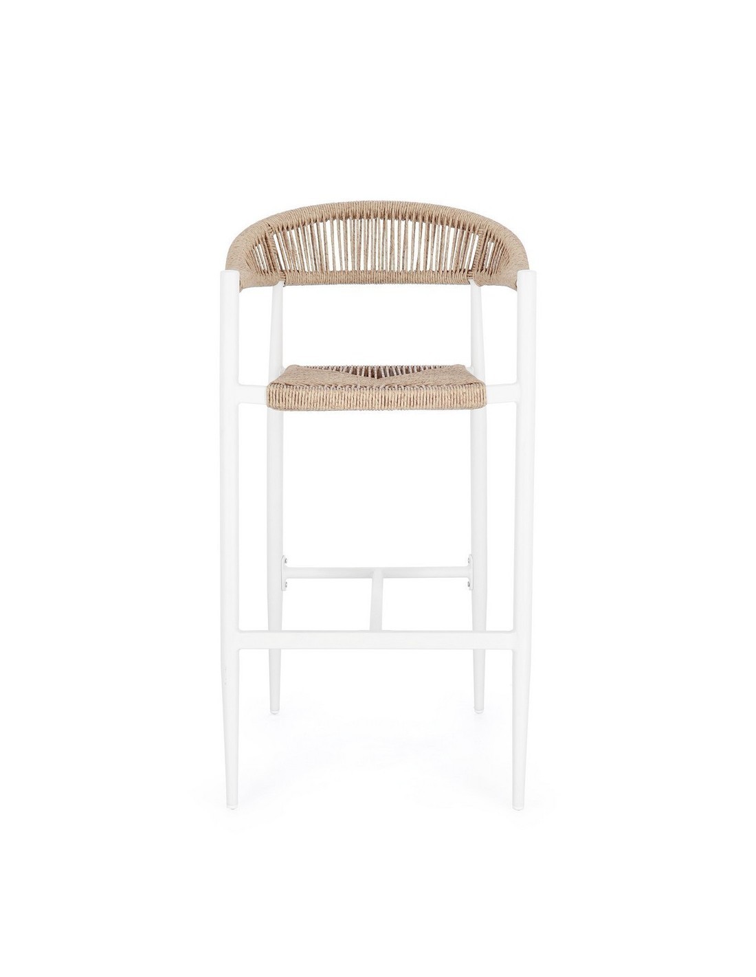 Sgabello Bar Jandia Bianco/Beige, Impilabile con Fibra Sintetica Twisted, Struttura in Alluminio e Poggiapiedi Regolabile