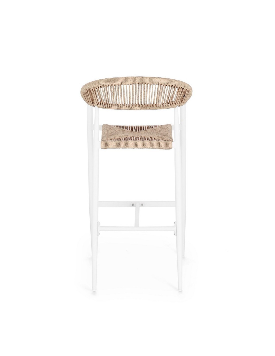Sgabello Bar Jandia Bianco/Beige, Impilabile con Fibra Sintetica Twisted, Struttura in Alluminio e Poggiapiedi Regolabile