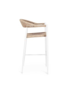 Sgabello Bar Jandia Bianco/Beige, Impilabile con Fibra Sintetica Twisted, Struttura in Alluminio e Poggiapiedi Regolabile