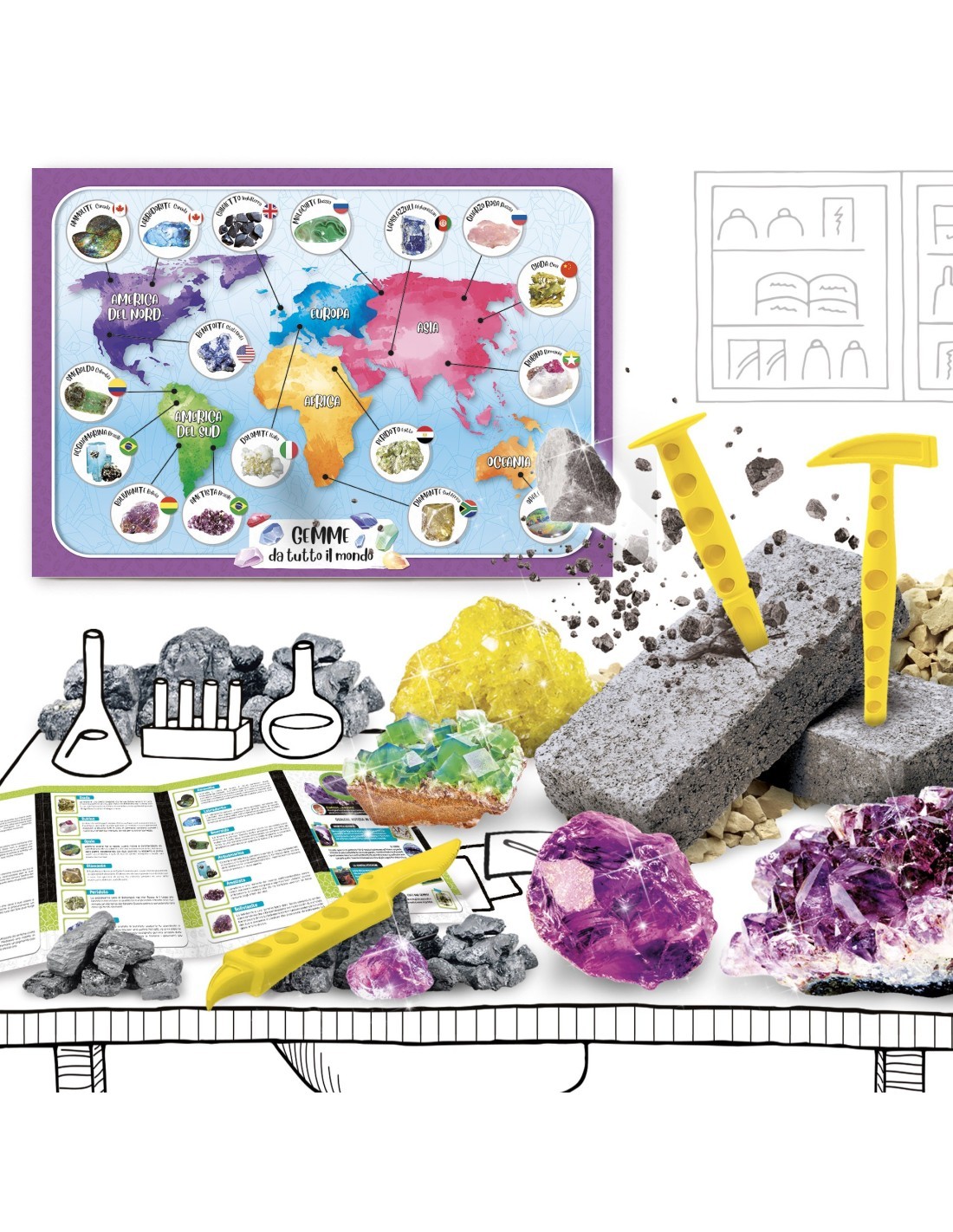 I'M GENIUS GEMME DA TUTTO IL MONDO KIT SCIENTIFICO, SCOPERTA MINERALI, BLOCCO DI GESSO, ATTREZZI, POSTER DIDASCALICO