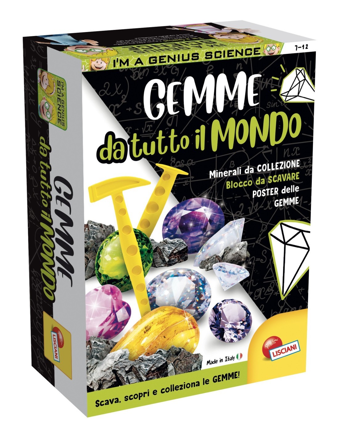 I'M GENIUS GEMME DA TUTTO IL MONDO KIT SCIENTIFICO, SCOPERTA MINERALI, BLOCCO DI GESSO, ATTREZZI, POSTER DIDASCALICO