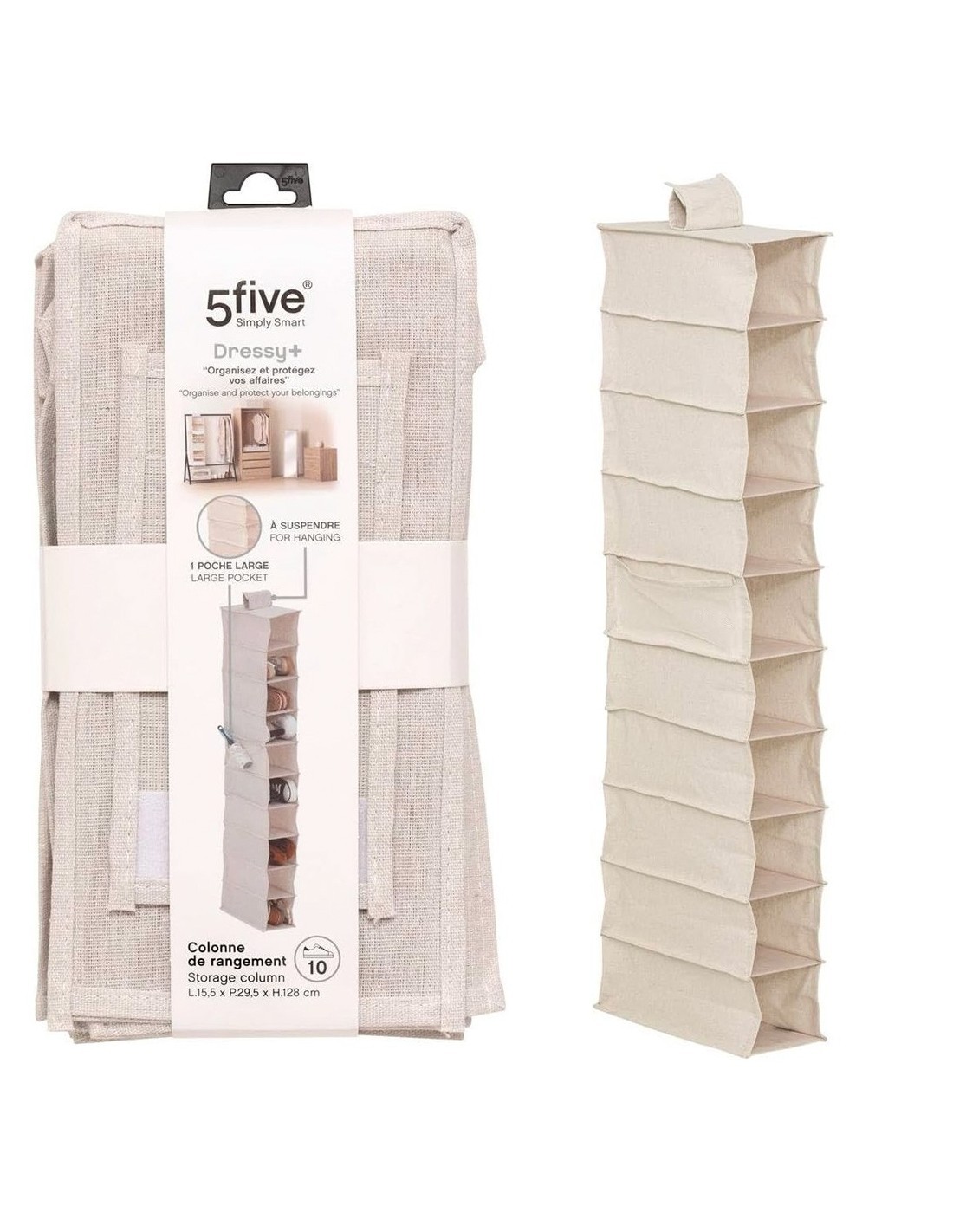 Scarpiera Groomy 10 scomparti con cestino 128x15,5 cm, organizer beige, porta scarpe