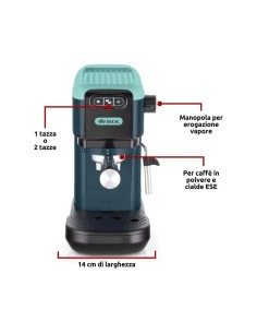 Ariete macchina caffè espresso Light Aquamarine, 15 bar, compatta, cialde e polvere, cappuccino, tazza regolabile