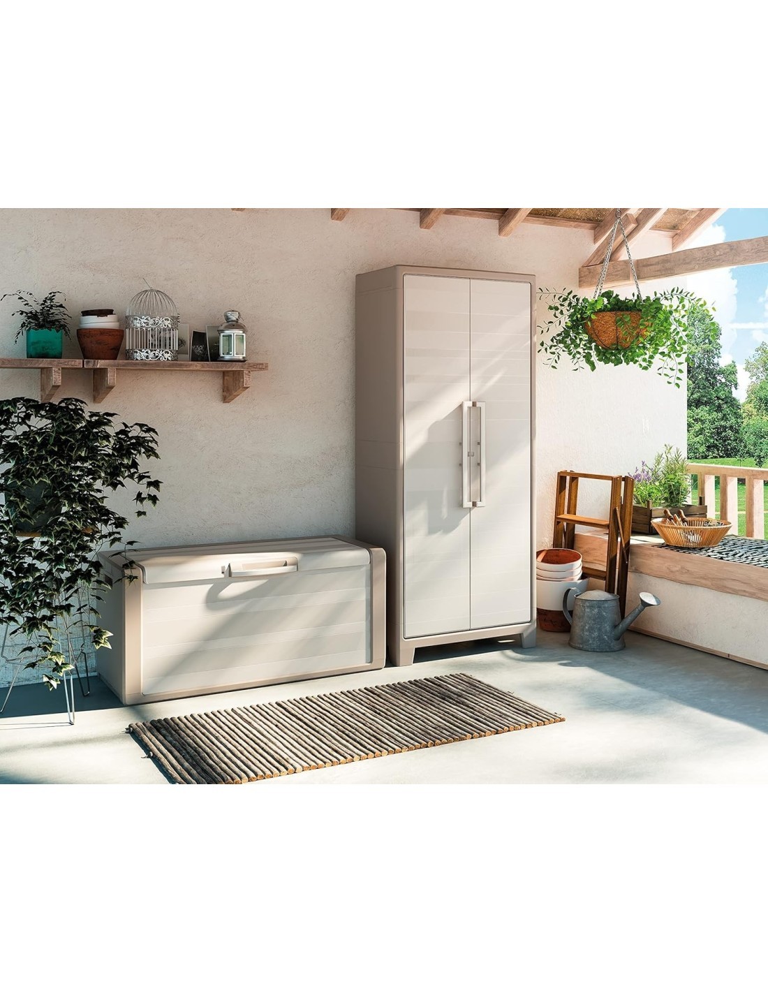 Keter Gulliver, armadio portascope da esterno, 8 ripiani pieghevoli, 80x44x182 cm, balcone, giardino, sabbia, beige, resina